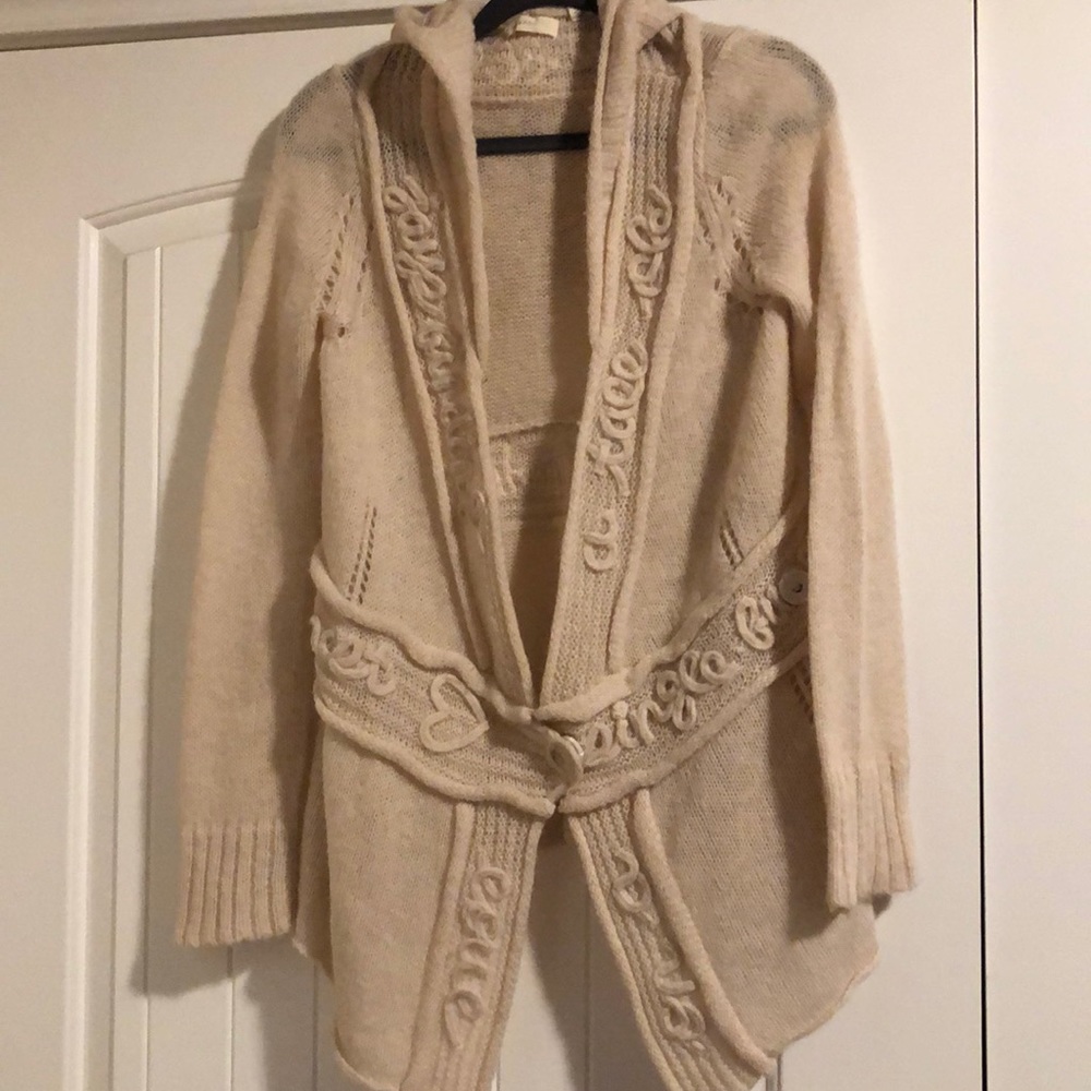 Anthropologie Cream Hooded Cable-Knit Cardigan